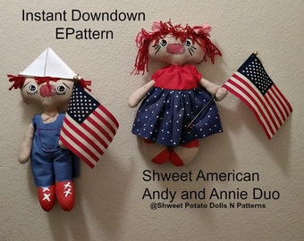 Shweet Americana Duo Annie Andy Digital Instant Sewing ePattern Primitive Whimsical 2018 Revised Updated