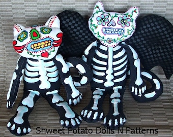 Day of the Dead Vampire Bat Cat Art Doll e Pattern Día de Muertos