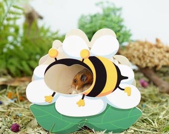 Little Bee Flower Hide | Wooden Hamster Hideout | Small Animal Enrichment