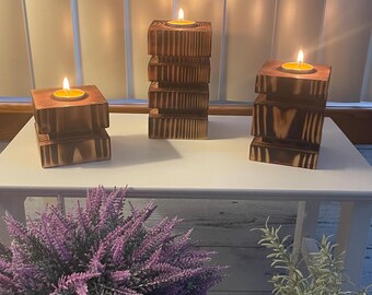 Set of 3 Wooden Tea Light Candle Holders | Shou Sugi Ban Finish | Rustic Home Decor | Handcrafted Wood Candle Set | Gift for Home