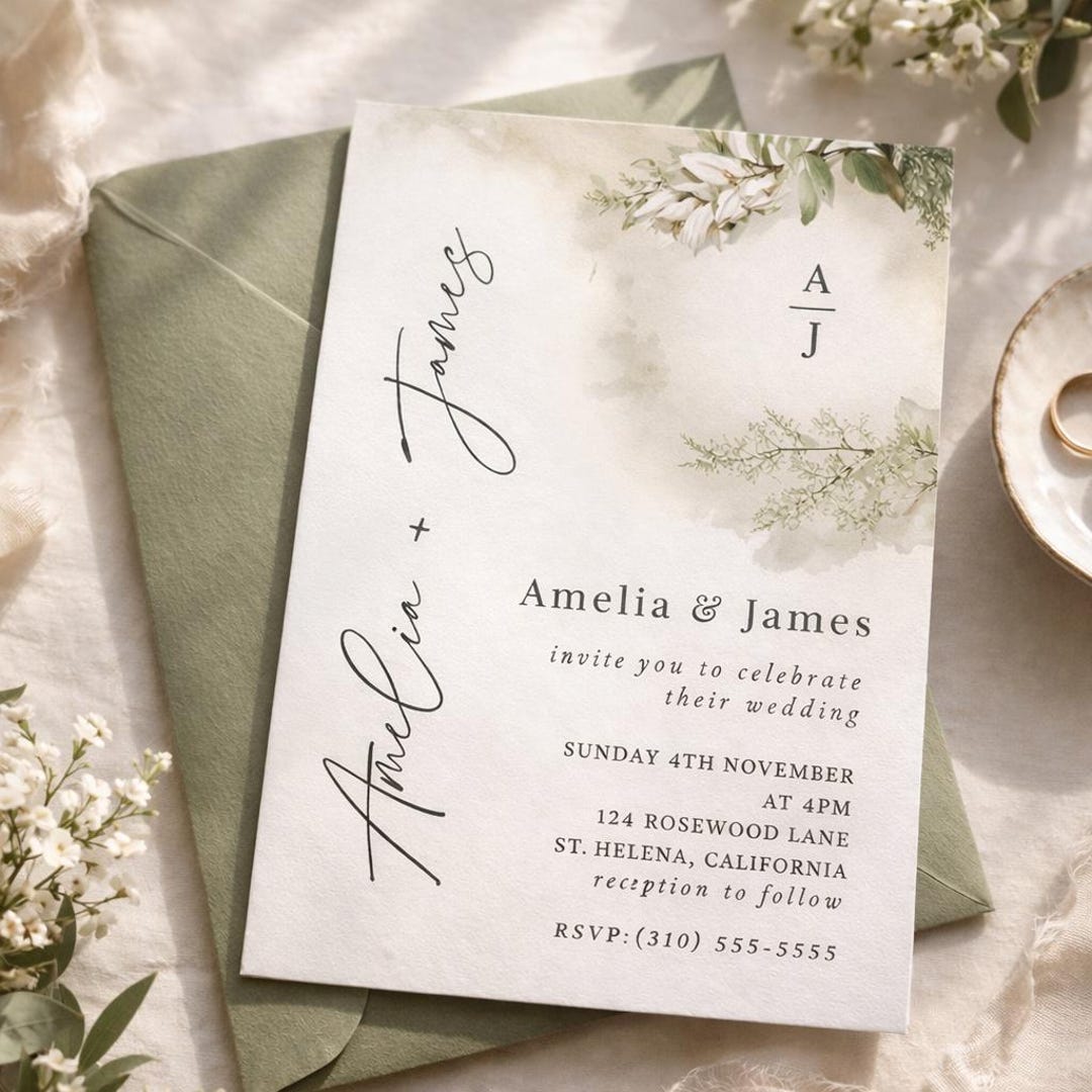 Sage Green Wedding Invitation Template Canva Printable Instant Download ...