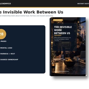 May include: A digital book titled The Invisible Work Between Us featuring 28 full pages. The cover displays a dark scene with two people at a table, a bowl of fruit, and text about mental load, household fairness, and shared ownership.