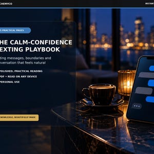 May include: A digital book titled The Calm-Confidence Texting Playbook with 15 practical pages. The text includes dating messages, boundaries, and conversation tips. Features include polished reading, PDF format for any device, and personal use.
