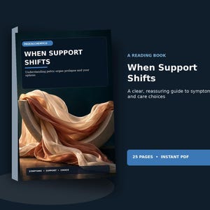 May include: A digital reading book titled When Support Shifts, featuring a cover with flowing beige and copper fabric draped over a curved form. The text includes Pagealchemyco, Understanding pelvic organ prolapse and your options, and Symptoms, Support, Choice. The book is 25 pages and an instant PDF.