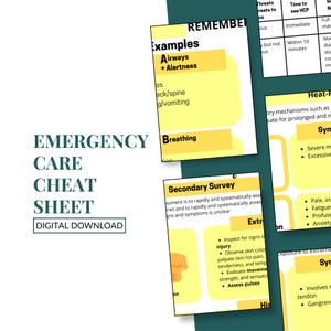 May include: Digital download of an Emergency Care Cheat Sheet. The image shows a teal and white title with several yellow and white informational cards. The cards contain text about emergency care, including breathing and secondary surveys.