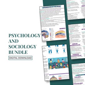 May include: A bundle of psychology and sociology educational materials. The image features several pages with diagrams and text about the brain, including sections on the meninges, midbrain, and forebrain. The words "Psychology and Sociology Bundle" are displayed.