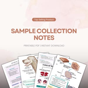 Peut inclure: Une collection de notes d'étude éducatives au format PDF imprimable. Les pages présentent des schémas anatomiques, dont une tête de chien, des types de cellules sanguines et des structures osseuses, avec des étiquettes et titres en noir et marron.
