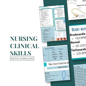 May include: A collection of digital download study guides on nursing clinical skills. The guides cover topics such as wound healing, blood pressure, and heart rate. The text "Nursing Clinical Skills" and "Digital Download" are visible.