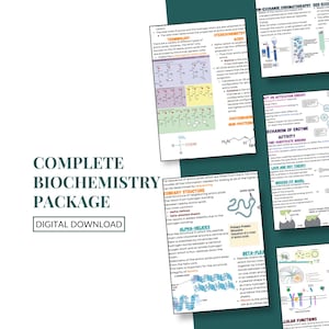 Może przedstawiać: Cyfrowy pakiet do pobrania zatytułowany "Complete Biochemistry Package". Obraz przedstawia kilka stron szczegółowych notatek z diagramami i tekstem, obejmujących tematy takie jak aminokwasy, aktywność enzymatyczna i funkcje komórkowe.