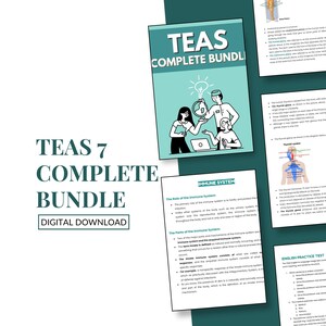 May include: A teal and white graphic with the text "TEAS COMPLETE BUNDLE" and "TEAS 7 COMPLETE BUNDLE DIGITAL DOWNLOAD." The image includes illustrations of people and educational documents about the immune system and English practice tests.