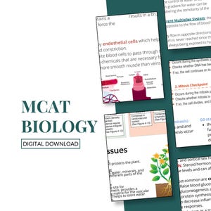 May include: MCAT Biology digital download. The image features text and diagrams related to biology concepts. Diagrams include cross-sections of blood vessels and cell structures. The text includes terms like "endothelial cells" and "mitosis checkpoint."