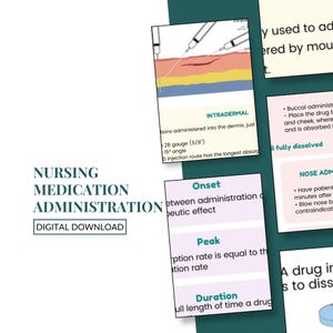 May include: Digital download of "Nursing Medication Administration" flashcards. The image shows educational flashcards with information on intradermal injections, onset, peak, and duration of medication effects. Diagrams and text are included.