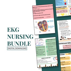 May include: A digital download bundle for nursing students, featuring EKG (electrocardiogram) study guides. The bundle includes detailed diagrams and charts explaining cardiac rhythms, common arrhythmias, and EKG interpretation. The title "EKG NURSING BUNDLE" is displayed prominently.