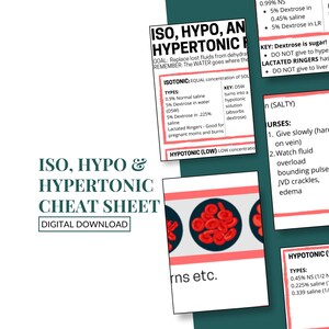 May include: A digital download cheat sheet titled "ISO, HYPO & HYPERTONIC CHEAT SHEET". The image features several cards with medical information, including types of solutions, and key points about isotonic, hypotonic, and hypertonic fluids.