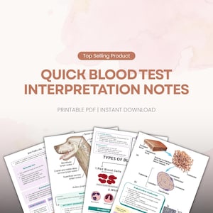Peut inclure: Ensemble de notes PDF imprimables pour une interprétation rapide des analyses sanguines. Les notes comprennent des schémas et du texte sur des sujets tels que le tissu épithélial, les types de cellules sanguines et la structure osseuse.