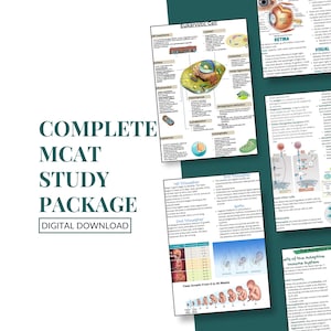 May include: A complete MCAT study package digital download. The image shows several pages of study guides with detailed diagrams and text. Topics include cell biology, the retina, and fetal development. The text "COMPLETE MCAT STUDY PACKAGE" is visible.