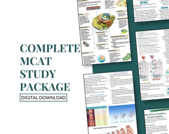 Può includere: Un pacchetto di studio MCAT completo in download digitale. L'immagine mostra guide di studio con diagrammi e testo. Gli argomenti includono la biologia cellulare, la retina e lo sviluppo fetale. Il testo "COMPLETE MCAT STUDY PACKAGE" è visibile.
