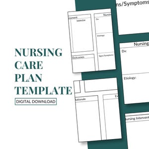 May include: A digital download nursing care plan template. The template includes sections for assessment, outcomes, and nursing interventions. The text "Nursing Care Plan Template" is in large, dark teal letters. The words "Digital Download" are in a smaller, rectangular box.