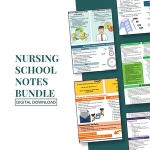Pode incluir: Um pacote de notas da escola de enfermagem, com várias páginas coloridas com diagramas e texto. O título "NURSING SCHOOL NOTES BUNDLE" é exibido de forma proeminente, com "DIGITAL DOWNLOAD" abaixo. As notas cobrem tópicos como anatomia pediátrica e terapia IV.