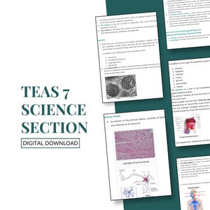 May include: A digital download titled "TEAS 7 SCIENCE SECTION" with educational content. The image includes diagrams and text about biology, including nervous tissue and the respiratory system. The text also includes the phrase "DIGITAL DOWNLOAD".