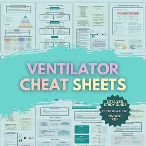 May include: A teal-colored study guide titled "Ventilator Cheat Sheets" with detailed medical information. The guide includes diagrams, charts, and text on topics like IV therapy complications and fluid and electrolyte imbalances. A green badge says "Detailed Study Guide Printable PDF Instant PDF".