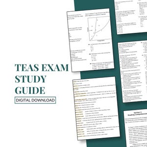 May include: A stack of white printed study guides and exam questions. The text "TEAS EXAM STUDY GUIDE" is displayed in large, dark teal letters, with "DIGITAL DOWNLOAD" below. Several pages of questions are visible.