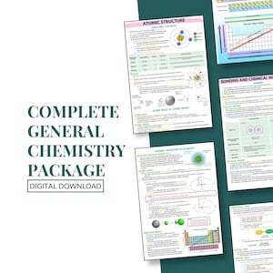 May include: A set of chemistry revision notes covering atomic structure, bonding, and periodic trends. The image includes the text "COMPLETE GENERAL CHEMISTRY PACKAGE DIGITAL DOWNLOAD". The notes are in a digital format.