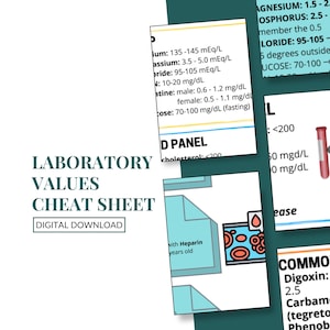 Könnte beinhalten: Ein digitaler Download mit dem Titel "LABORATORY VALUES CHEAT SHEET" mit medizinischen Informationen. Das Bild enthält mehrere Seiten mit medizinischen Daten, einschließlich Blutwerte und Informationen zu gängigen Medikamenten.