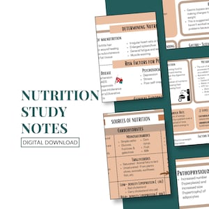 May include: Digital nutrition study notes available for download. The notes cover topics such as malnutrition, risk factors, and sources of nutrition. The pages have a clean layout with clear headings and are designed for easy reading and study.