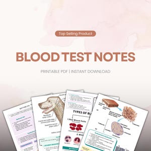 Peut inclure: Un ensemble de fiches d'étude éducatives intitulées BLOOD TEST NOTES, présentant des schémas d'anatomie animale, de globules rouges et de structures de tissus osseux. Les documents PDF imprimables incluent des illustrations médicales détaillées.