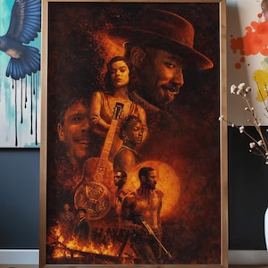 May include: A framed vertical art print featuring a dark, warm-toned collage of multiple figures, including a man in a hat, a woman, and a person holding a banjo. The composition includes a bright fire at the bottom and a glowing circular light.