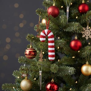 May include: A decorated Christmas tree with a variety of ornaments. A red and white striped candy cane ornament hangs from a branch, along with red and gold baubles, icicle decorations, and a snowflake.