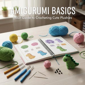 Peut inclure: Une scène de loisirs créatifs avec un livre intitulé "Amigurumi Basics" et des illustrations de modèles de crochet, entouré de pelotes de laine colorées, de crochets et d'un petit dinosaure vert en amigurumi. Le texte "Your Guide to Crocheting Cute Plushies" est également visible.