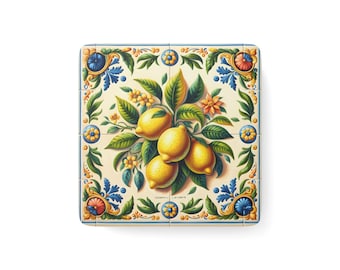 Piastrella in porcellana con motivo limone e calamita quadrata / Decorazione per cucina con piastrelle in ceramica a tema frutta