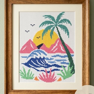 Modèle de point de croix coucher de soleil tropical, paysage de palmiers néon synthwave (téléchargement PDF)