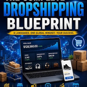 Op de afbeelding: Een digitale boekomslag getiteld The Complete Dropshipping Blueprint, met een laptop en smartphone die e-commerce analyses tonen, een winkelwagentje met kartonnen dozen en tekst over een stapsgewijze handleiding voor bedrijfsgroei.