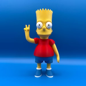 May include: A 3D-printed figurine of Bart Simpson, a cartoon character, in a peace sign pose. The figure is yellow with a red shirt, blue shorts, and blue shoes. The background is a solid blue.