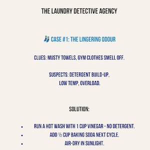Puede incluir: Gráfico informativo de The Laundry Detective Agency. El texto detalla un caso sobre olores persistentes en la colada, con pistas, sospechosos y una solución que implica vinagre, bicarbonato de sodio y secado al aire. Ilustración de una toalla enrollada.