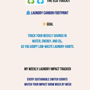 May include: Image with text: "THE ECO TOOLKIT," "LAUNDRY CARBON FOOTPRINT," and "GOAL." It encourages tracking weekly savings in water, energy, and CO2 with low-waste laundry habits. Includes "MY WEEKLY LAUNDRY IMPACT TRACKER."