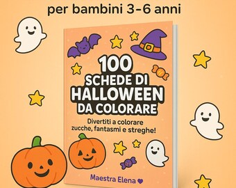 May include: A Halloween-themed coloring book for children aged 3-6. The cover features a pumpkin, ghost, witch's hat, and candy illustrations. The title reads "100 Halloween Coloring Pages". The book is surrounded by cartoon stars and other Halloween-themed graphics.