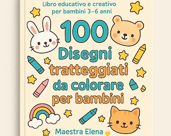 May include: A children's coloring book with a cream-colored cover. The cover features illustrations of a bunny, bear, cat, rainbow, crayons, and stars. Text includes "100 Designs to Color for Children" and "Maestra Elena."