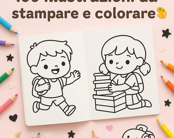 May include: Open coloring book with line drawings of a boy and girl, surrounded by colored pencils, hearts, and stars. The book's cover has text in Italian: "100 illustrations to print and color."