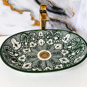 Handcrafted Moroccan Oval Ceramic Sink in Green – Unique Handmade Bathroom Basin