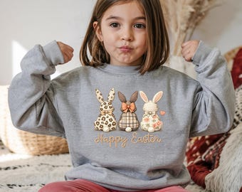 Kids Easter Bunny Sweatshirt, Happy Easter Hoodie, Leopard Rabbit Outfit, Cristian Holiday Top