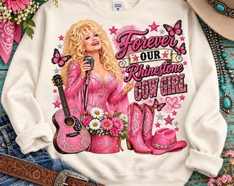 Sweat-shirt Dolly Parton, guitare, bottes de cowboy, sweat-shirt ras du cou, sweat à capuche cowgirl à strass, tenue country années 80, cadeau pour les fans de Dolly