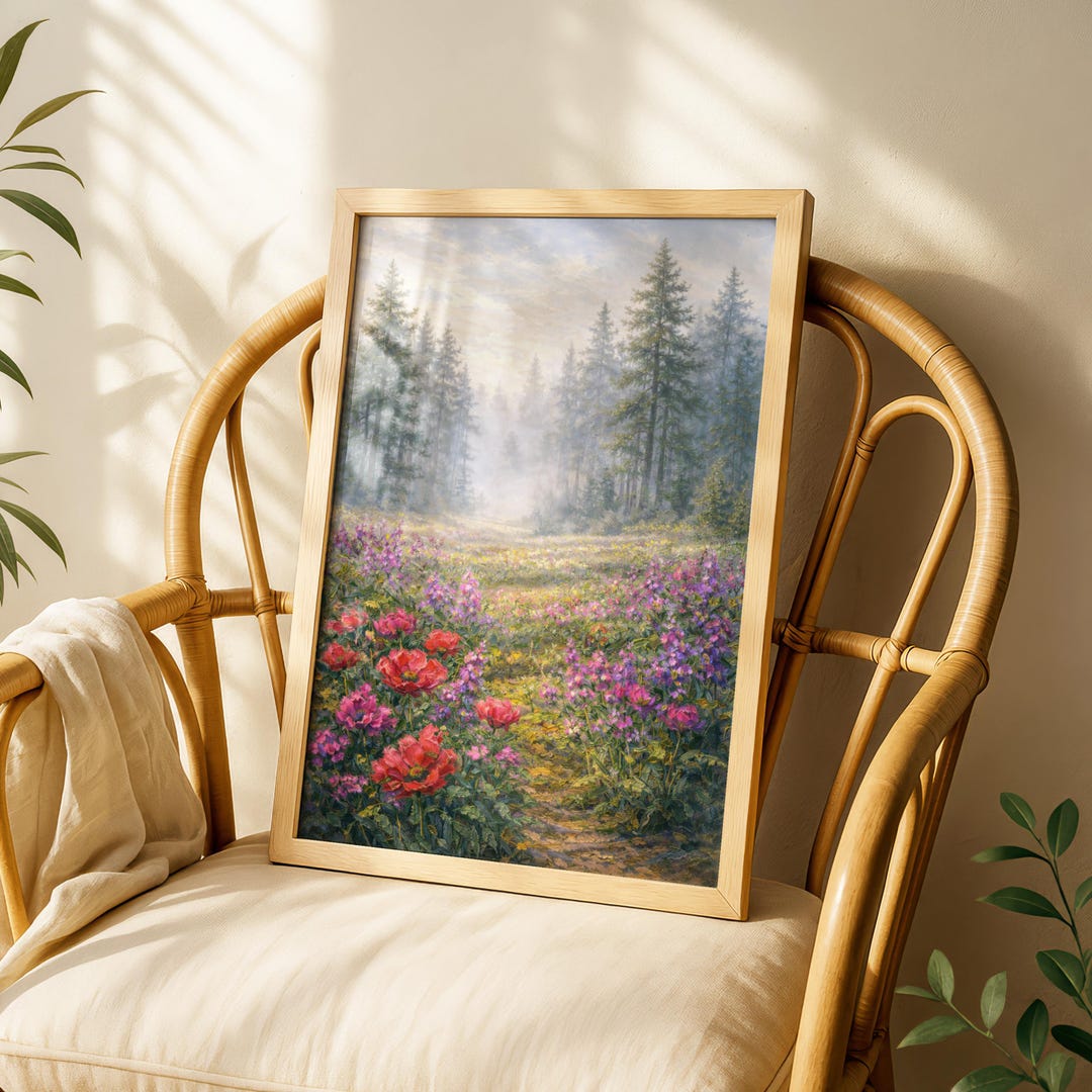 Misty Forest Path Wall Art Wildflower Meadow Landscape Nature Painting ...
