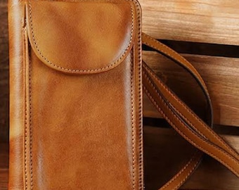 Handmade Leather Crossbody Phone Wallet, Tan Travel Purse with RFID