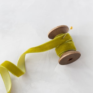 May include: A spool of green velvet ribbon with a gold pin on a white background.