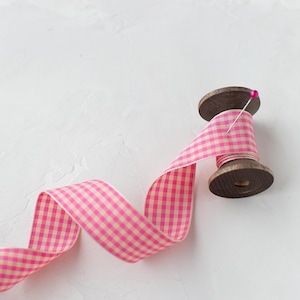 Pink + Beige Check Taffeta Ribbon • 3/8&quot; • 5/8&quot; • 1&quot; • 1.5&quot;