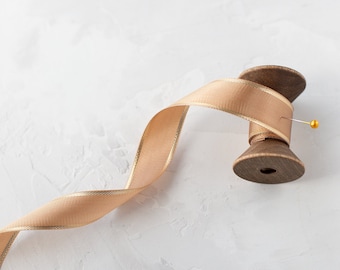 Praline Beige + Gold Metallic Edge Taffeta Ribbon • 1/2" • 3/4"